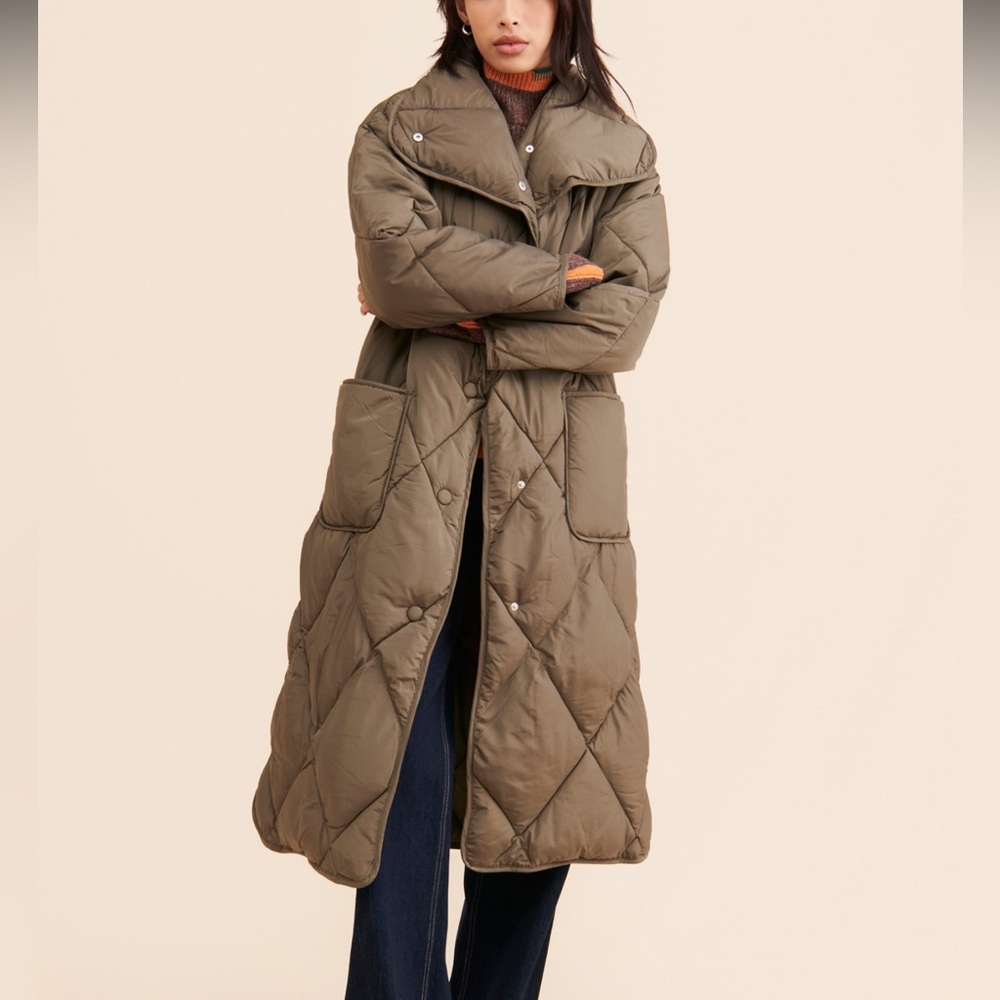 Free People Olive Quilted Long Coat